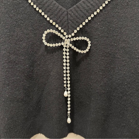 Express Rhinestone Bow Embellished Convertible Sweater Black Holiday New Years - Picture 10 of 15